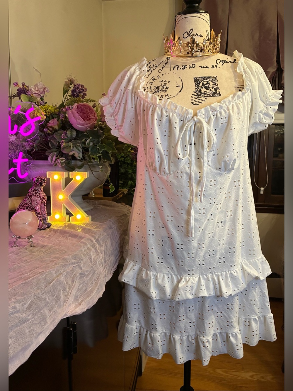 SHEIN Curve White Eyelet Off Shoulder Ruffle Mini Dress 4XL US 20 Boho - Picture 9 of 16